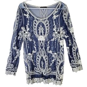 🟢2154 * You Are Not Alone Mesh Embroidered Top Blue White Size M